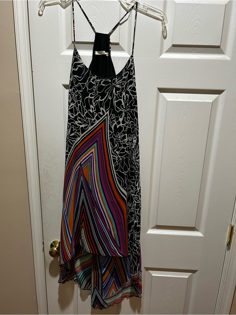 Philosophy Black Floral Asymmetrical Maxi with Multicolor Stripe Panel